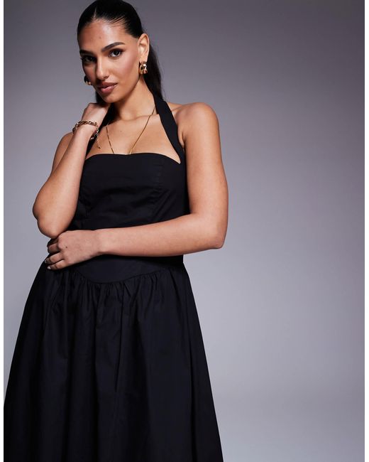 Kaiia Blue Exclusive Cotton Rich Poplin Square Neck Halter Maxi Dress