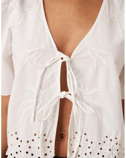 Jdy White Tie Front Broderie Cropped Blouse