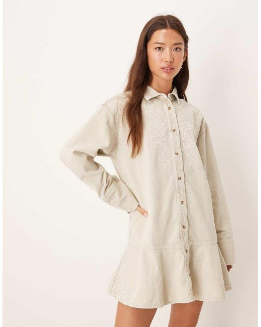ASOS Natural Washed Cord Embroidered Shirt Mini Dress With Peplum Hem