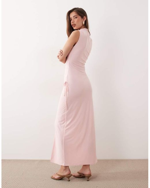 Kaiia Pink Exclusive Double Layered Slinky High Neck Tie Side Detail Maxi Dress