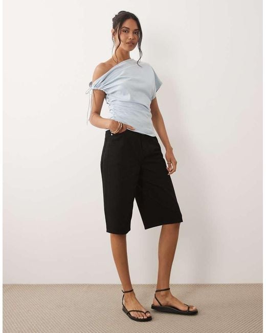ASOS White Ruched Sleeve Fallen Shoulder Waisted Tee