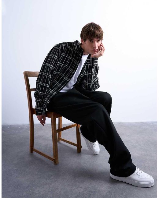 Topman Black Regular Fit Textured Check Overshirt for men