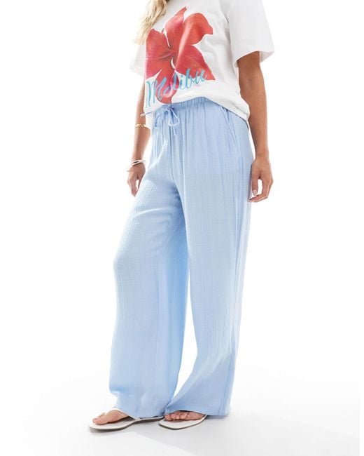 Stradivarius Blue Petite Linen Look Pull On Crinkle Trouser