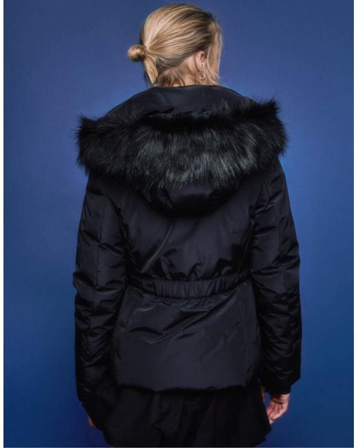 Stradivarius Blue Slim Fit Padded Jacket With Faux Fur Hood