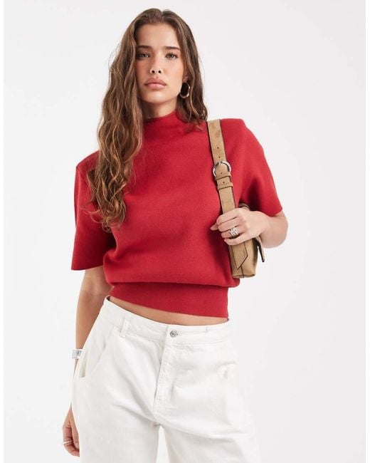 ASOS Red High Neck Shoulder Pad Waisted T-shirt