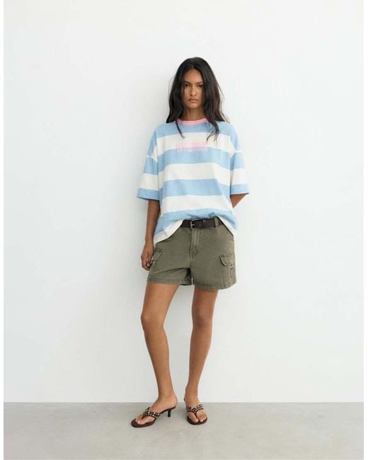 Pull&Bear Blue Oversize Striped Graphic T-Shirt