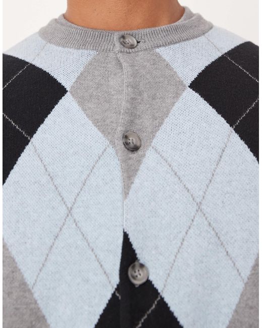 ASOS Gray Co-Ord Knitted Crew Neck Cardigan With Argyle Pattern for men