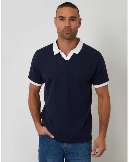 Threadbare Blue Trophy Neck Waffle Polo Shirt for men