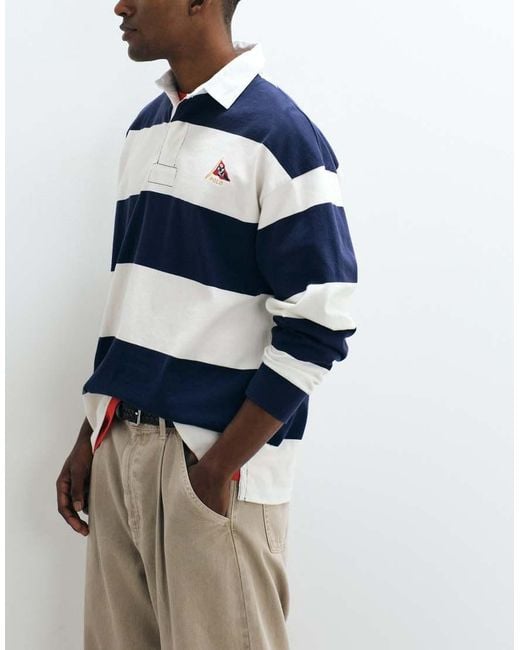 Polo Ralph Lauren Blue Flag Logo Block Stripe Oversize Fit Rugby Polo for men