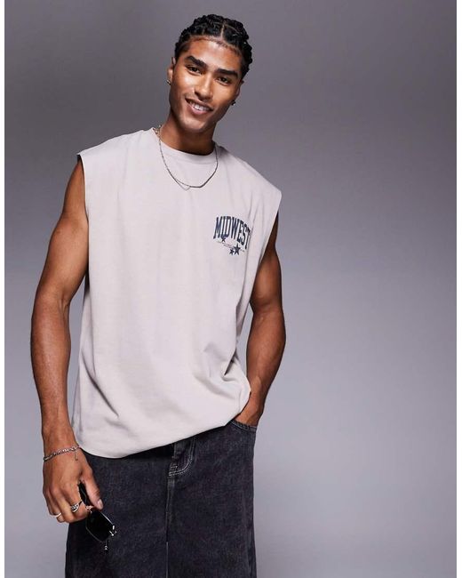 Top Senza Maniche Oversize Color Pietra Con Stampa Western di ASOS in Gray da Uomo