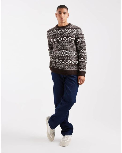 Threadbare Gray Fairisle Print Crew Neck Jumper for men