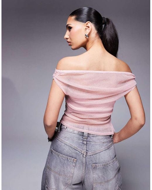 ASOS Top Van Aangerimpeld Mesh Met Korte Mouwen En Blote Schouders in het Gray