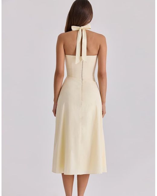 House Of Cb Natural Tallulah Lemon Halter Neck Cotton Midi Dress