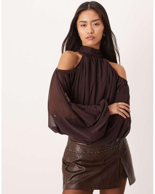 Gina Tricot Brown High Neck Cold Shoulder Blouse