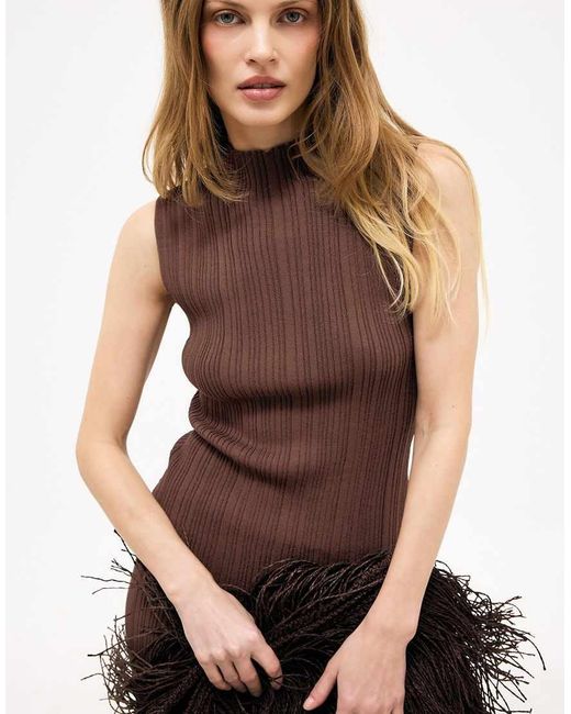 NA-KD Brown Knitted Frill Detail Sleeveless Top