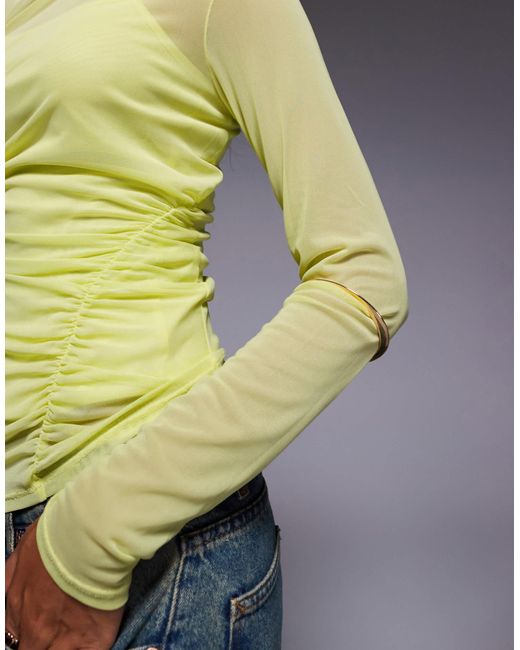 River Island Yellow Slash Neck Ruched Mesh Top