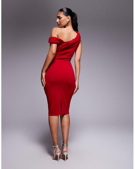 Goddiva Red Crepe Pleated Drop Shoulder Midi Dress