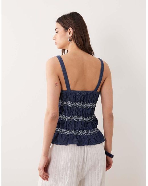 Miss Selfridge Blue Shirred Embroidered Cami Top