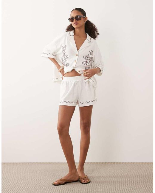 ASOS Natural Textured Jersey Short Co-Ord With Burgundy Embroidery