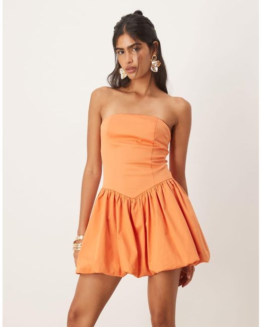 Vestido Corto Con Escote Palabra De Honor, Cintura Baja Y Bajo Abullonado De Mezcla De Algodón De Mango de color Orange