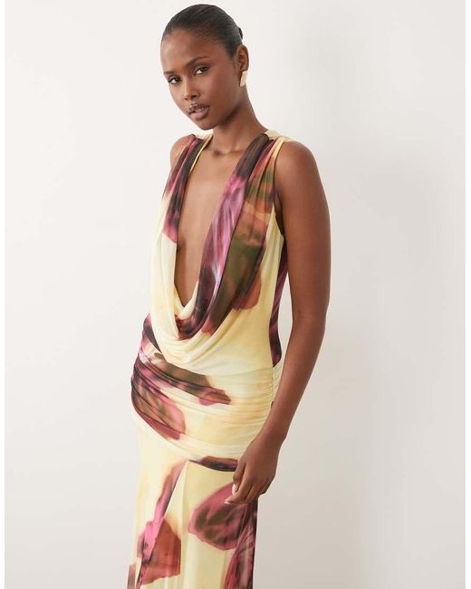ASOS Multicolor Printed Mesh Deep Plunge Mesh Maxi Dress Over Sized Floral