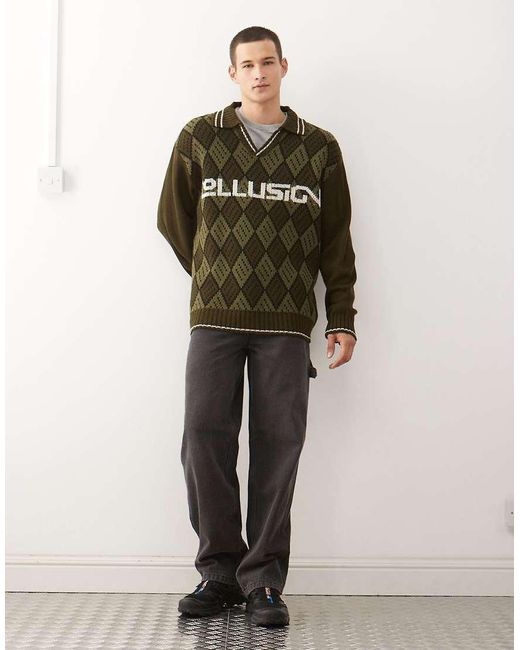 Collusion Green Knitted Argyle Boxy Sweater Jumper for men