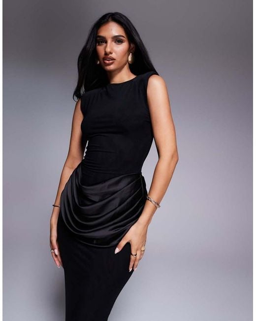 Wanderdoll Black Eman Sleeveless Slash Neck Satin Draped Waist Detail Bodycon Maxi Dress
