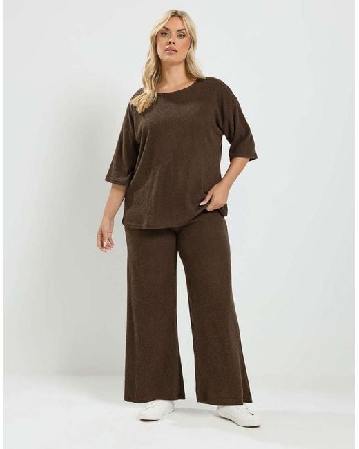 Yours Clothing Brown Ribbed Top & Wide Leg Trousers