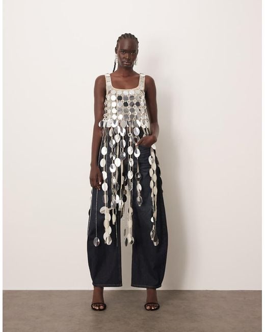 ASOS White Arrange Futurist Sequin Crop Top With Long 3D Fringe Hem