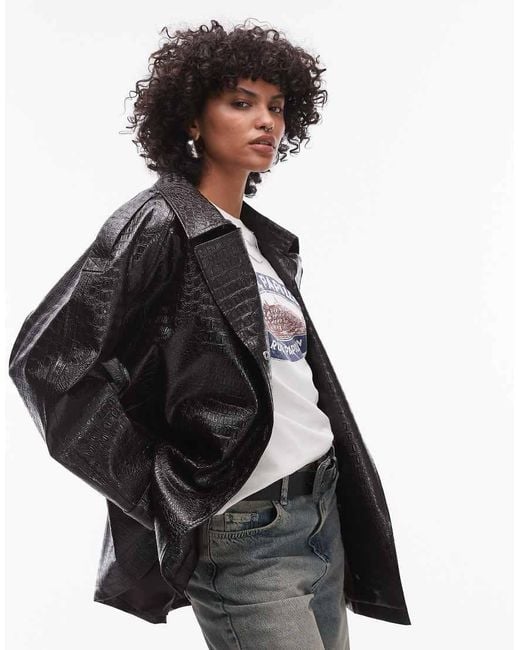 TOPSHOP Black Faux Leather Croc Trench Coat