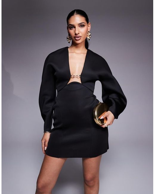 ASOS Black Scuba Cocoon Sleeve Mini Dress With Central Trim Detail
