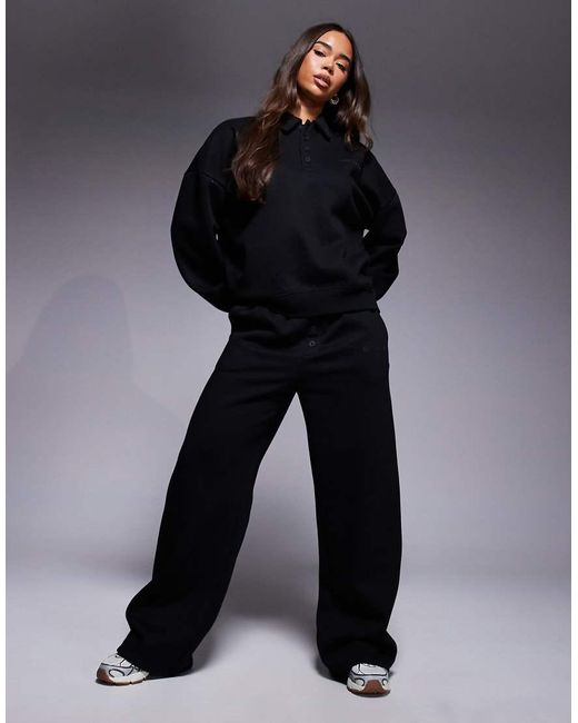 Kaiia Black Cotton Rich Logo Detail Button Wide Leg Trackies