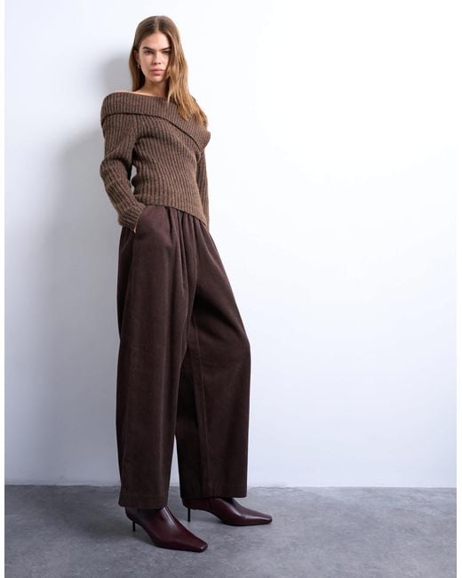 TOPSHOP Brown Cord Wide Leg Awkward Length Trouser