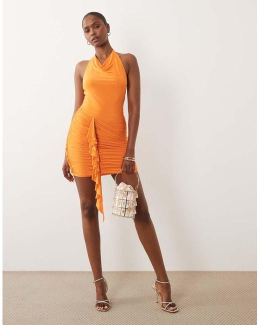 ASOS Gray High Neck Cowl Draped Slinky Mini Dress With Flowing Ruffle