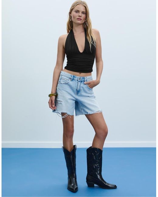 Stradivarius Blue Gathered Halter Top
