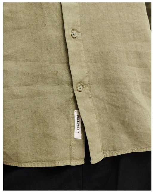 Pull&Bear Green Linen Look Grandad Neck Shirt for men