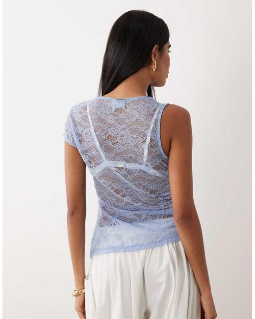 ASOS Blue Lace Asymmetrical Top With Twist Neck And Cap Sleeve