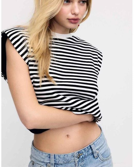 Stradivarius Blue Basic Striped Padded Shoulder T-Shirt