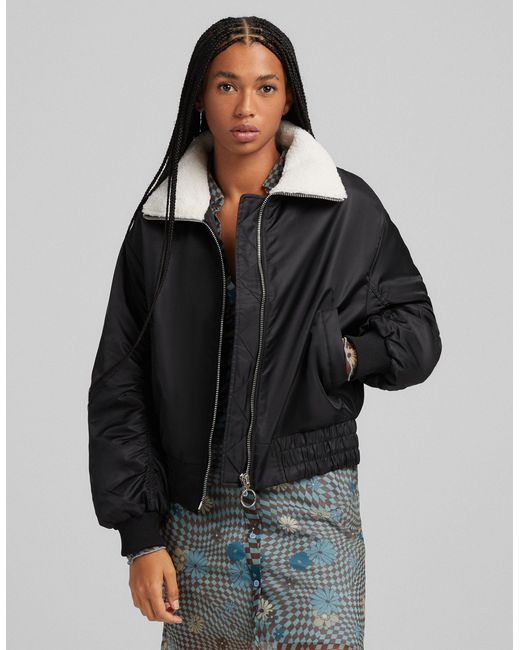 Bershka Borg Lined Bomber Jacket in 