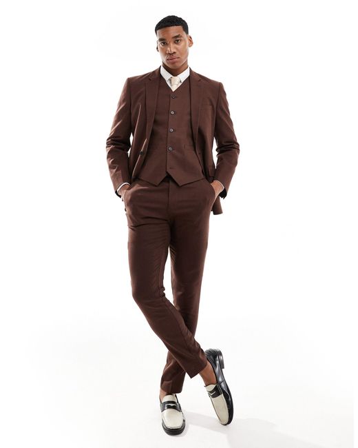 ASOS Brown Skinny With Linen Suit Waistcoat for men