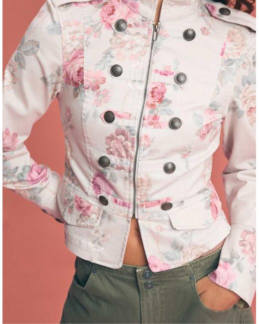 Stradivarius White Floral Print Buttoned Jacket