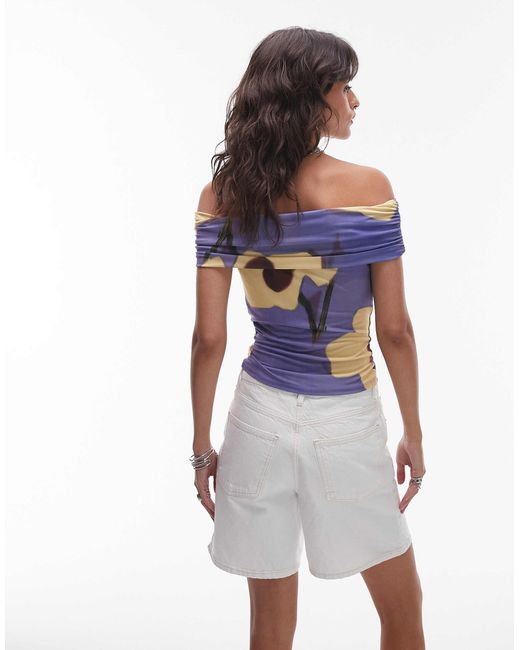 TOPSHOP Purple Floral Print Microfibre Deep Fold Bardot Top