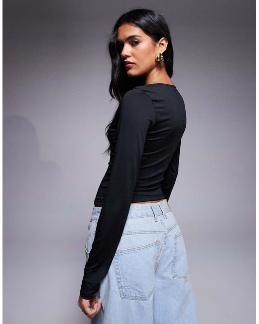 ASOS Blue Slinky Lace Trim Long Sleeve Deep V Neck Top