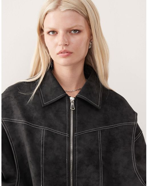 Lioness Black Vista Leather Look Contrast Stitch Bomber Jacket