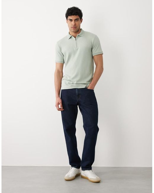 SELECTED Green Ribbed Half Zip Polo Shirt for men