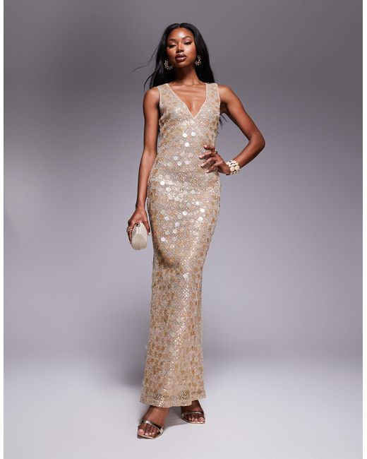 ASOS Metallic Statement Embellished Textured Plunge Maxi Dress With Mixed Sequins