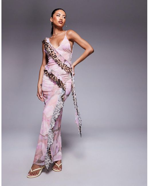 ASOS Gray – geblümtes maxikleid aus netzstoff mit schmalen trägern und rüschen mit animal-print
