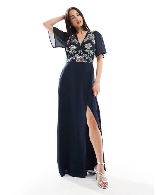 Maya Blue Floral Embellished Short Angel Sleeve Maxi Dress