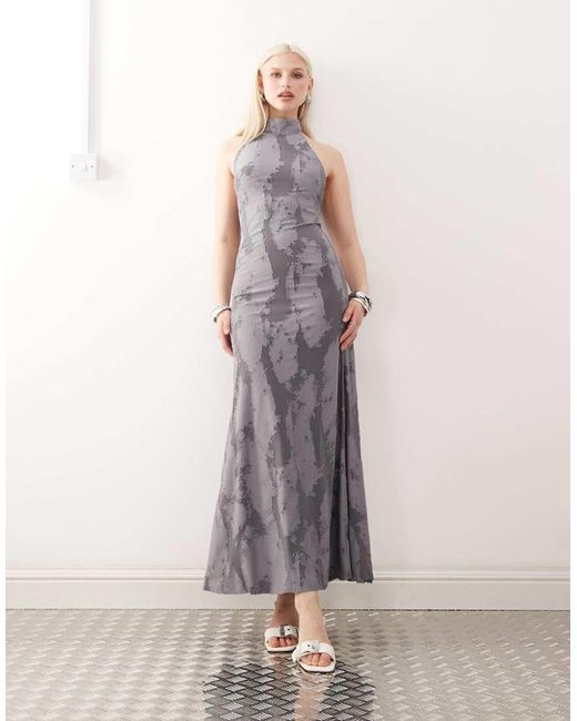 Weekday Gray Halter Neck Jacquard Maxi Dress