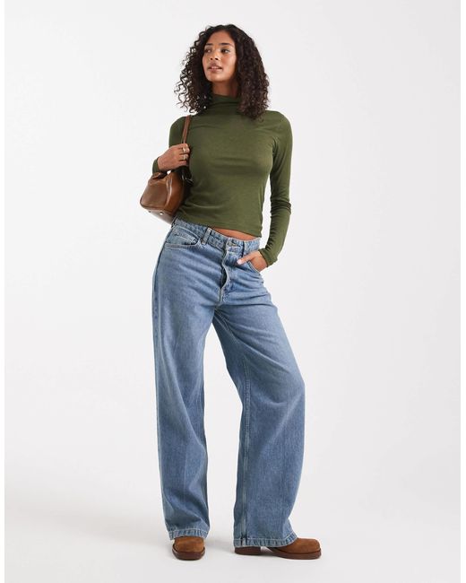 Top manches longues en fine maille à col montant - olive Miss Selfridge en coloris Green